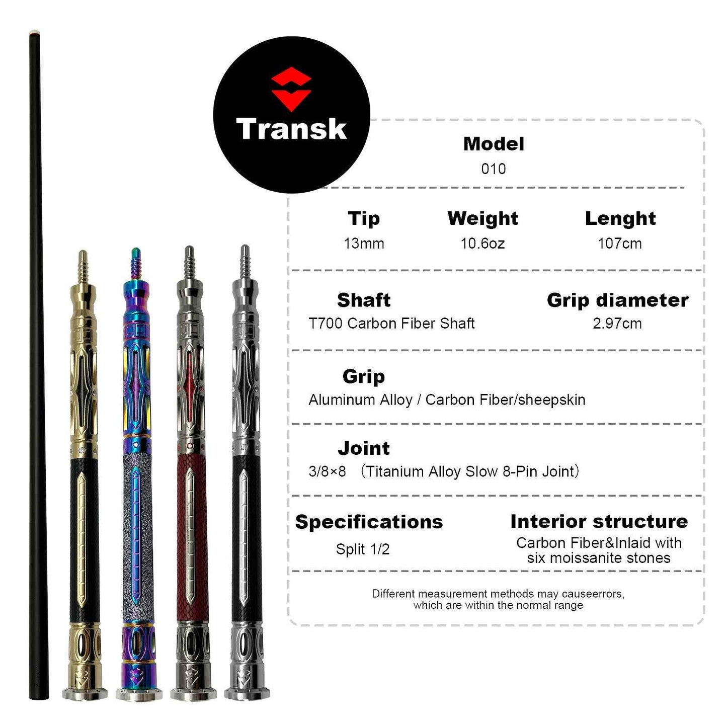 Transk Play cue+jump cue set with 4-hole case (red purple black gold color choice)12.5/11.8mm tip