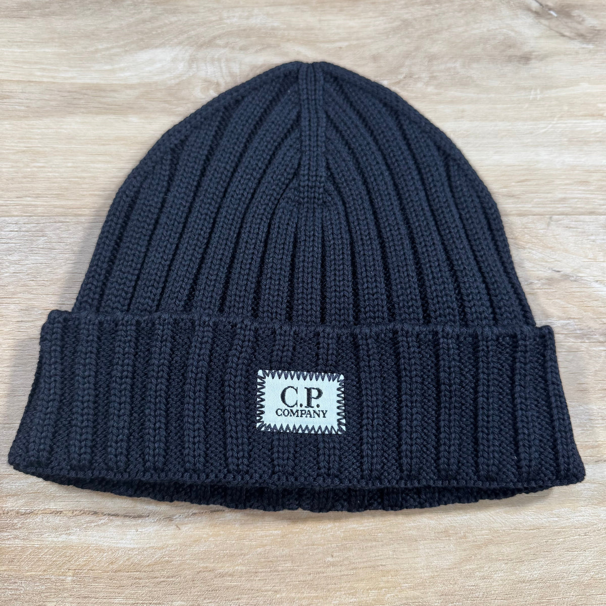 C.P. Company Extra Fine Merino Wool Logo Beanie in Navy