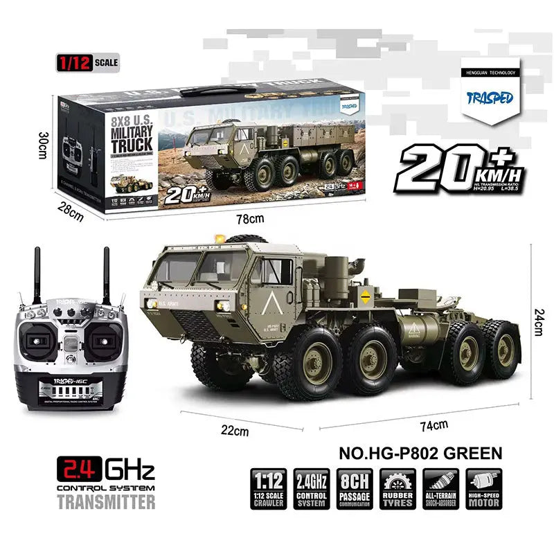 HG P801/P802 1/12 Scale 8x8 M983 US Army Military RC Truck 2.4G LED Light Sound 5KG Load Capacity RTR
