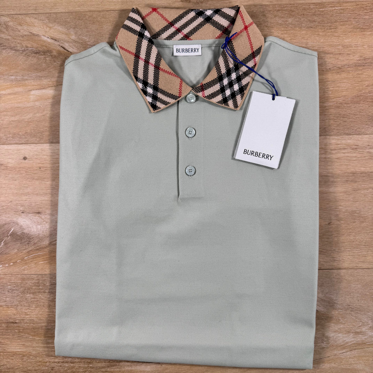 Burberry Cody Check Collar Polo Shirt in Seafoam Green