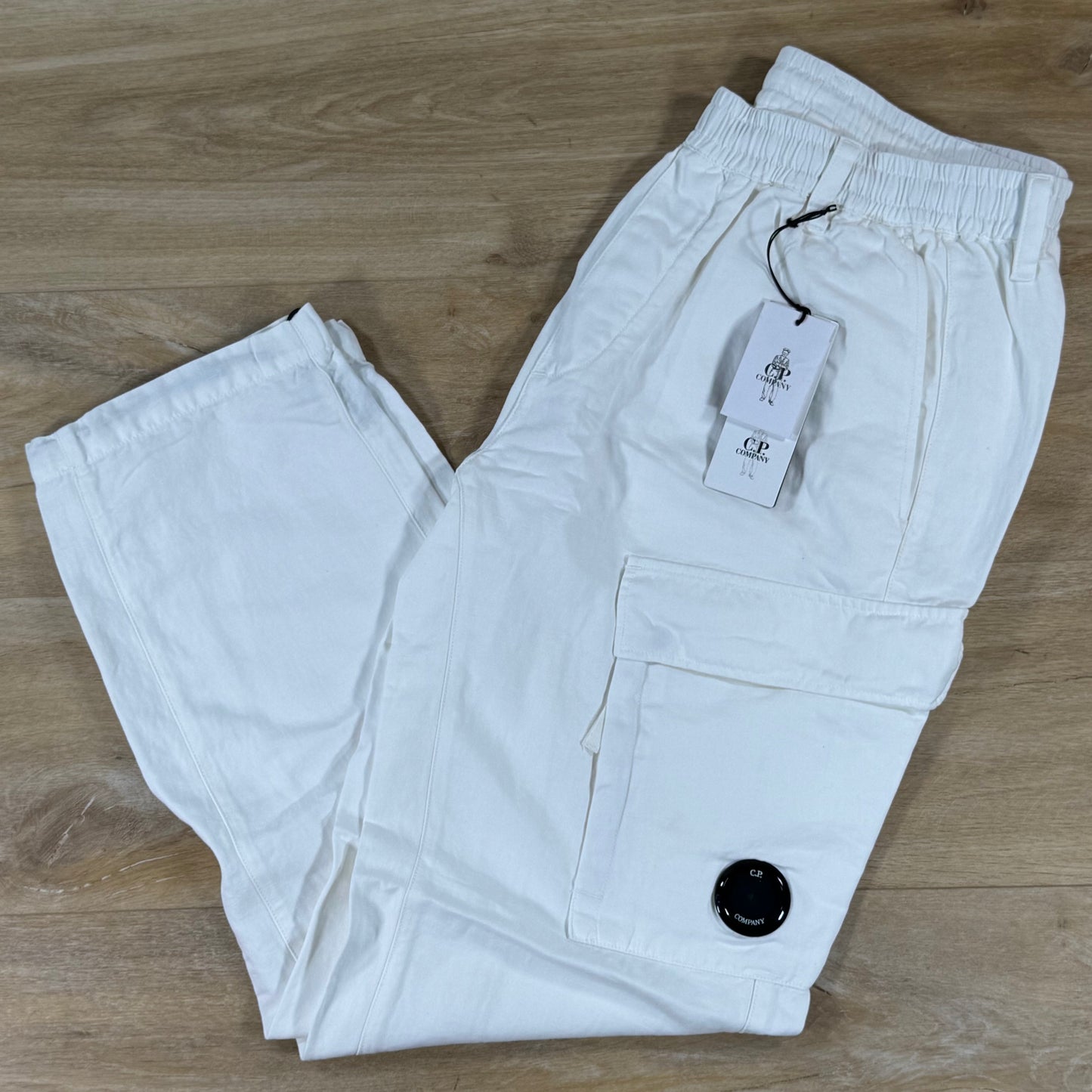 C.P. Company Cotton Linen Elasticated Lens Cargo Pants in Gauze White