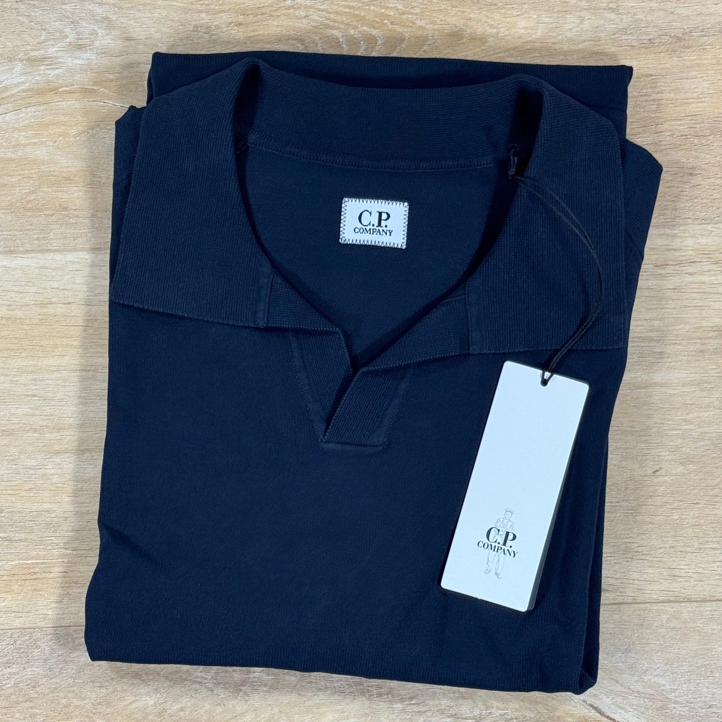 C.P. Company Cotton Crepe Short Sleeve Polo Sweater in Navy