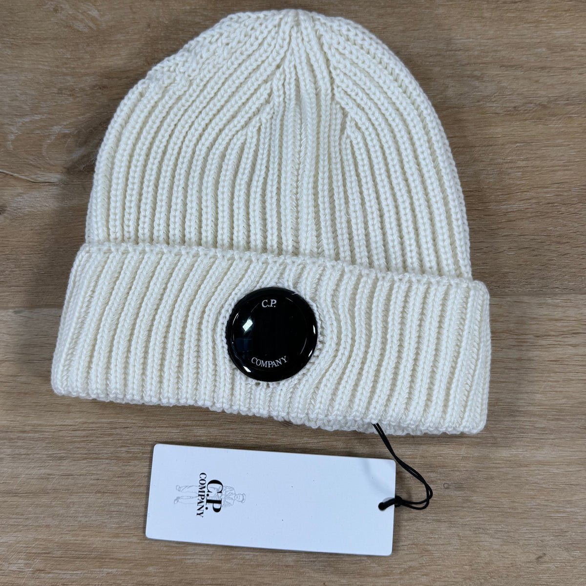 C.P. Company Extra Fine Merino Wool Lens Beanie in Gauze White