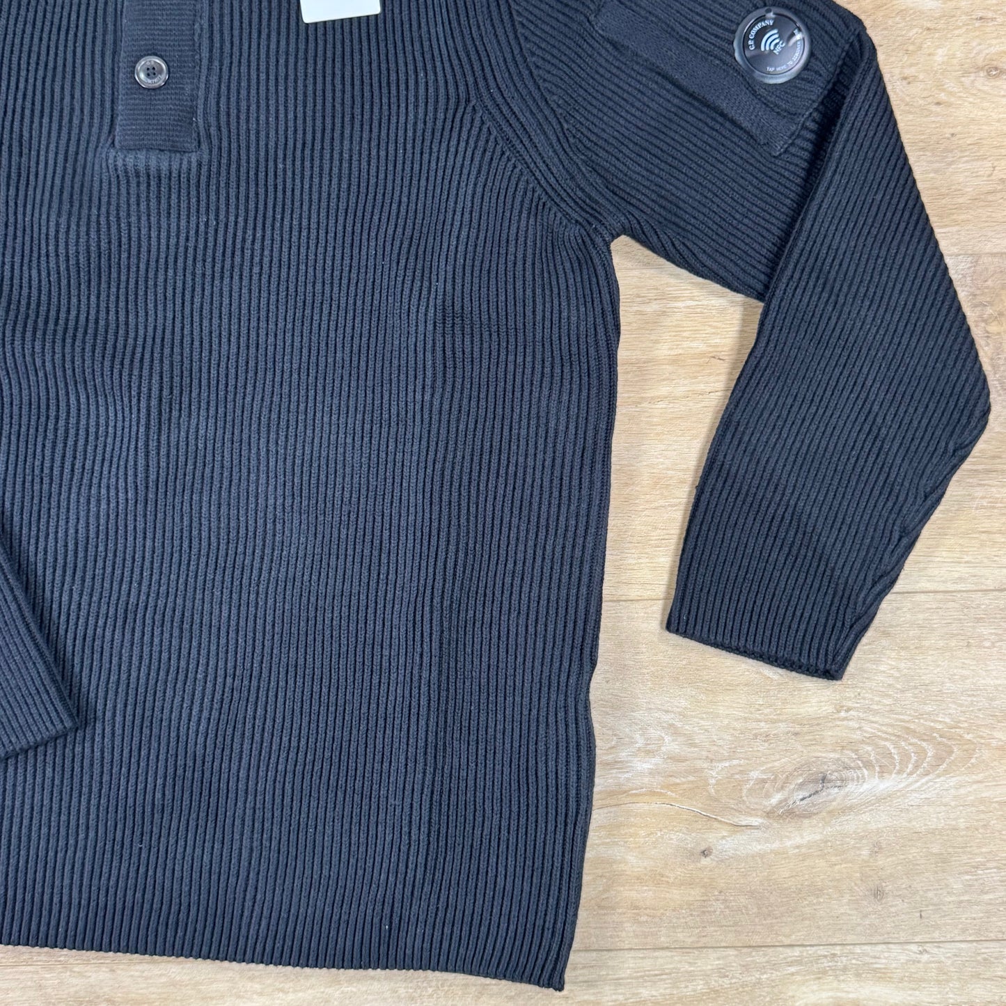 C.P. Company Full Rib Cotton Half Button Lens Sweater in Black
