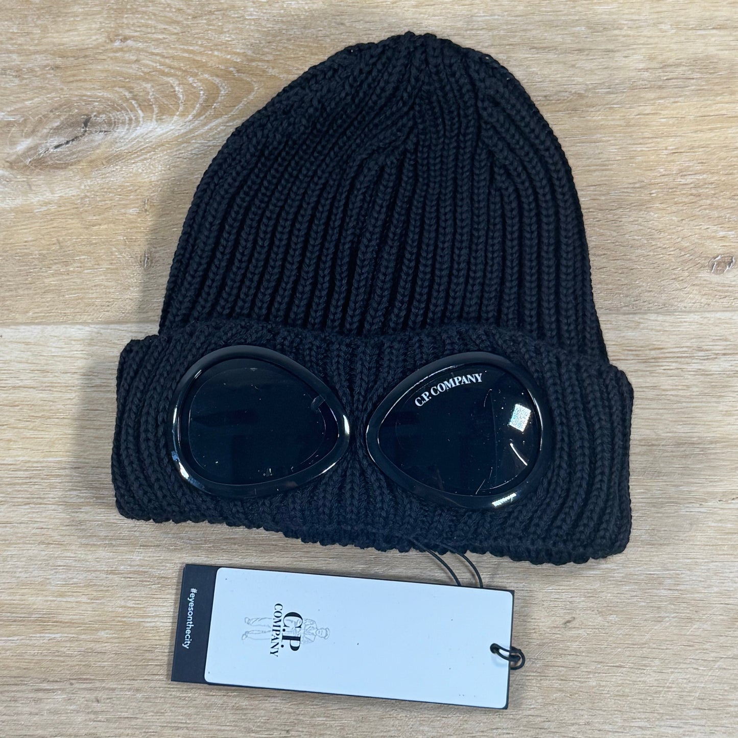 C.P. Company Extra Fine Merino Wool Goggle Beanie in Black