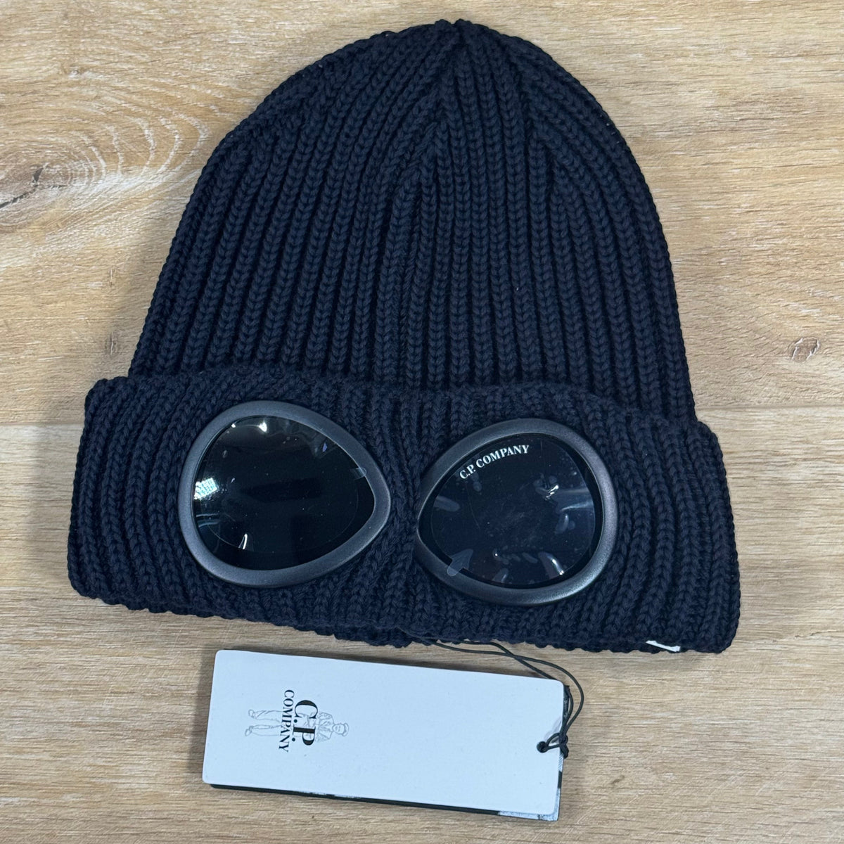C.P. Company Extra Fine Merino Wool Goggle Beanie in Navy