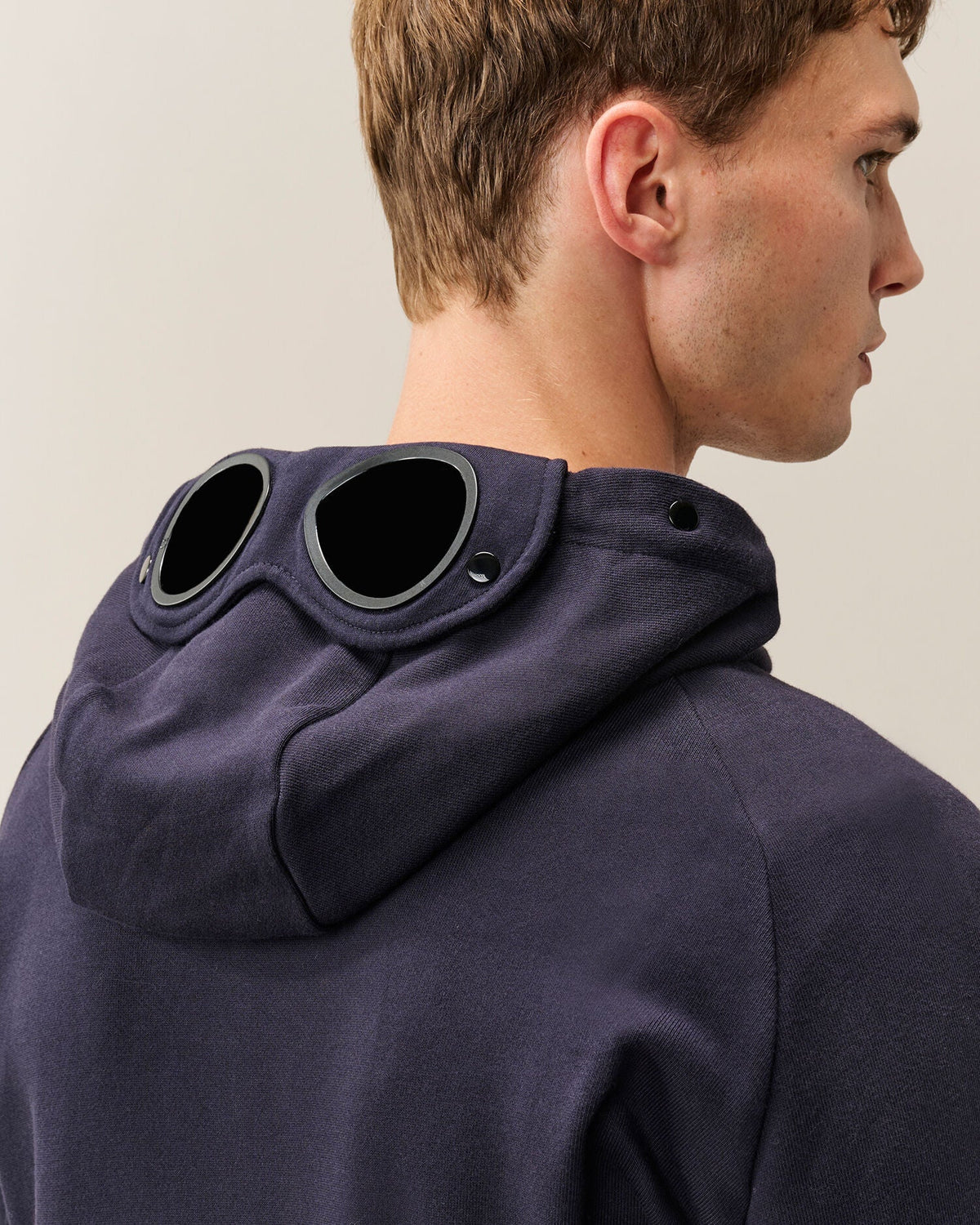 C.P. Company Diagonal Raised Fleece Goggle Hoodie in Navy