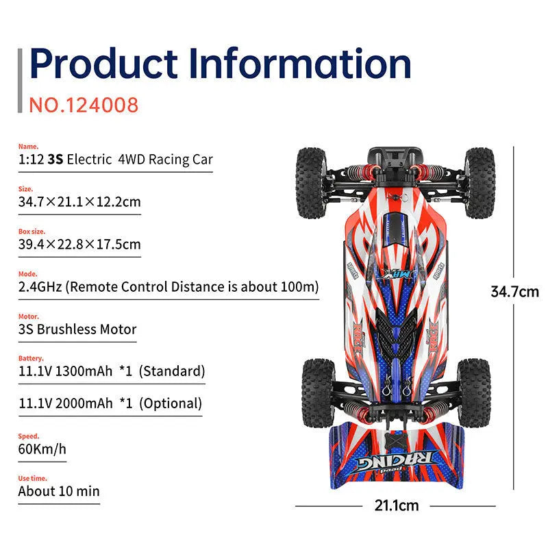 Wltoys 124008 1/12 4WD Brushless RC Car 60km/h High Speed Off-Road Drift Racing RTR