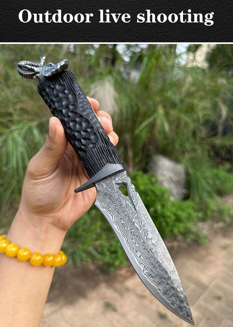 Damascus EDC Knife – Hand Forged 103 Layer VG10 Ebony Handle Elephant Head Leather Sheath