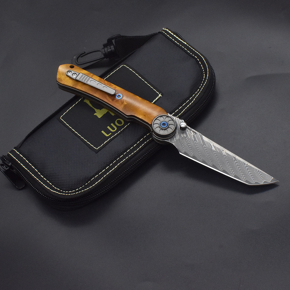 Damascus Folding Knife – SolarFlame EDC with VG10 Steel with Golden Phoebe Handle