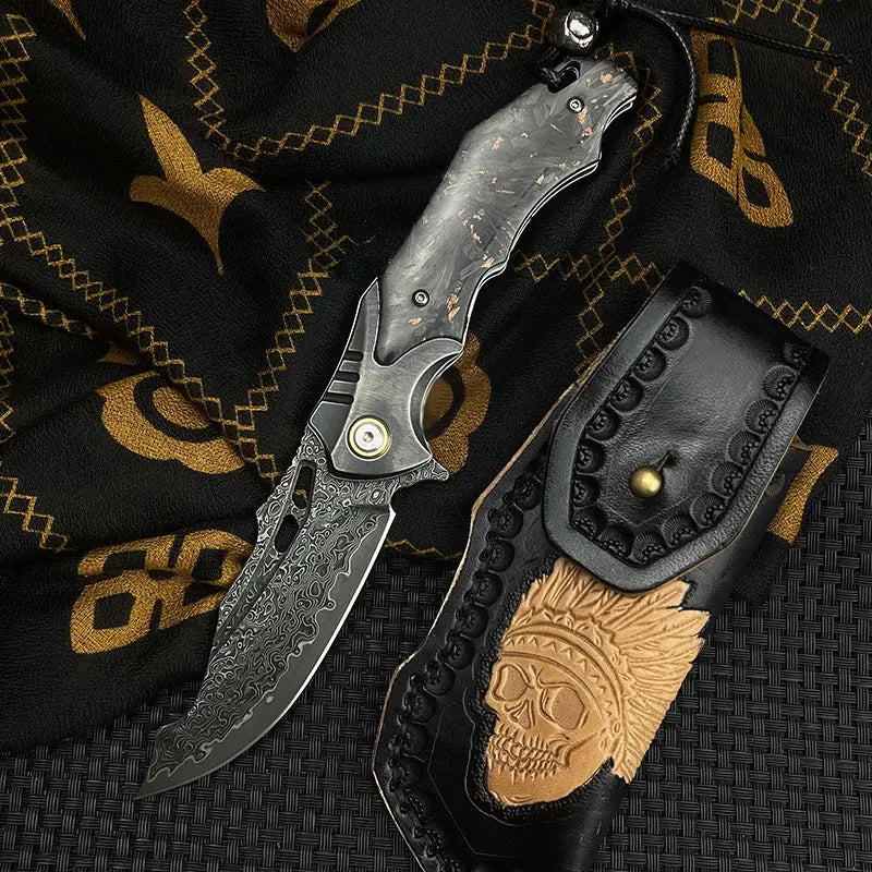 Damascus Folding Knife – VG10 Carbon Fiber Handle Copper Flake Hand Finished EDC Collector
