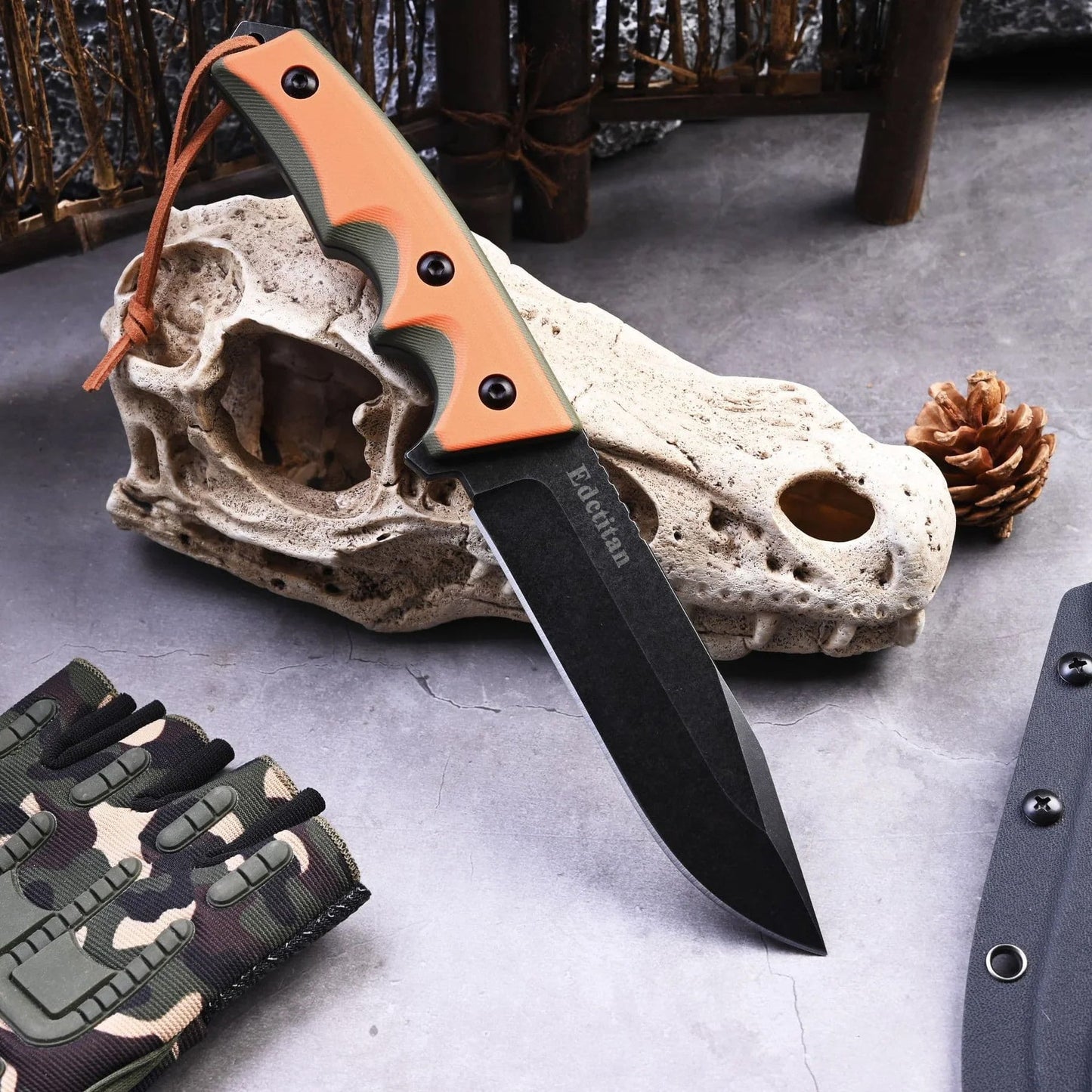 Fixed Blade Knife – G10 Handle Kydex Sheath Stonewash Heavy Duty Survival Camping