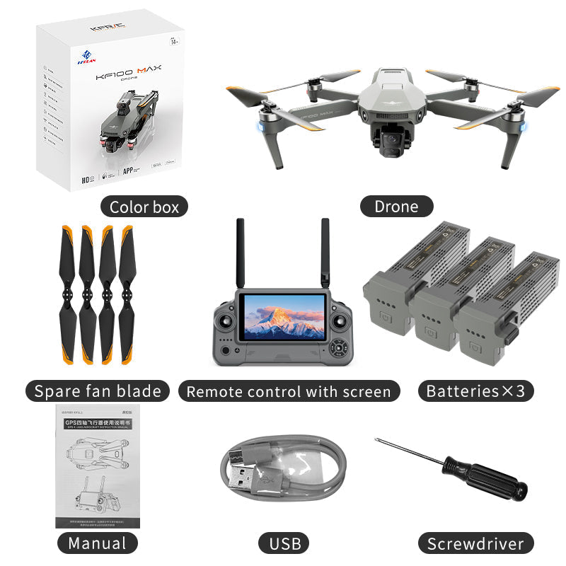 KF100 4K GPS Drone with 3-Axis Gimbal 10KM 5G FPV & Obstacle Avoidance Screen Remote Included