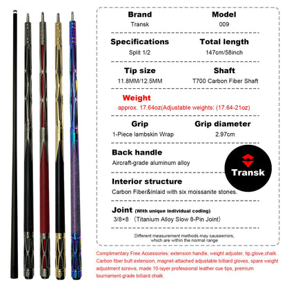 Transk Play cue+jump cue set with  4-hole case (red purple black gold color choice)12.5/11.8mm tip