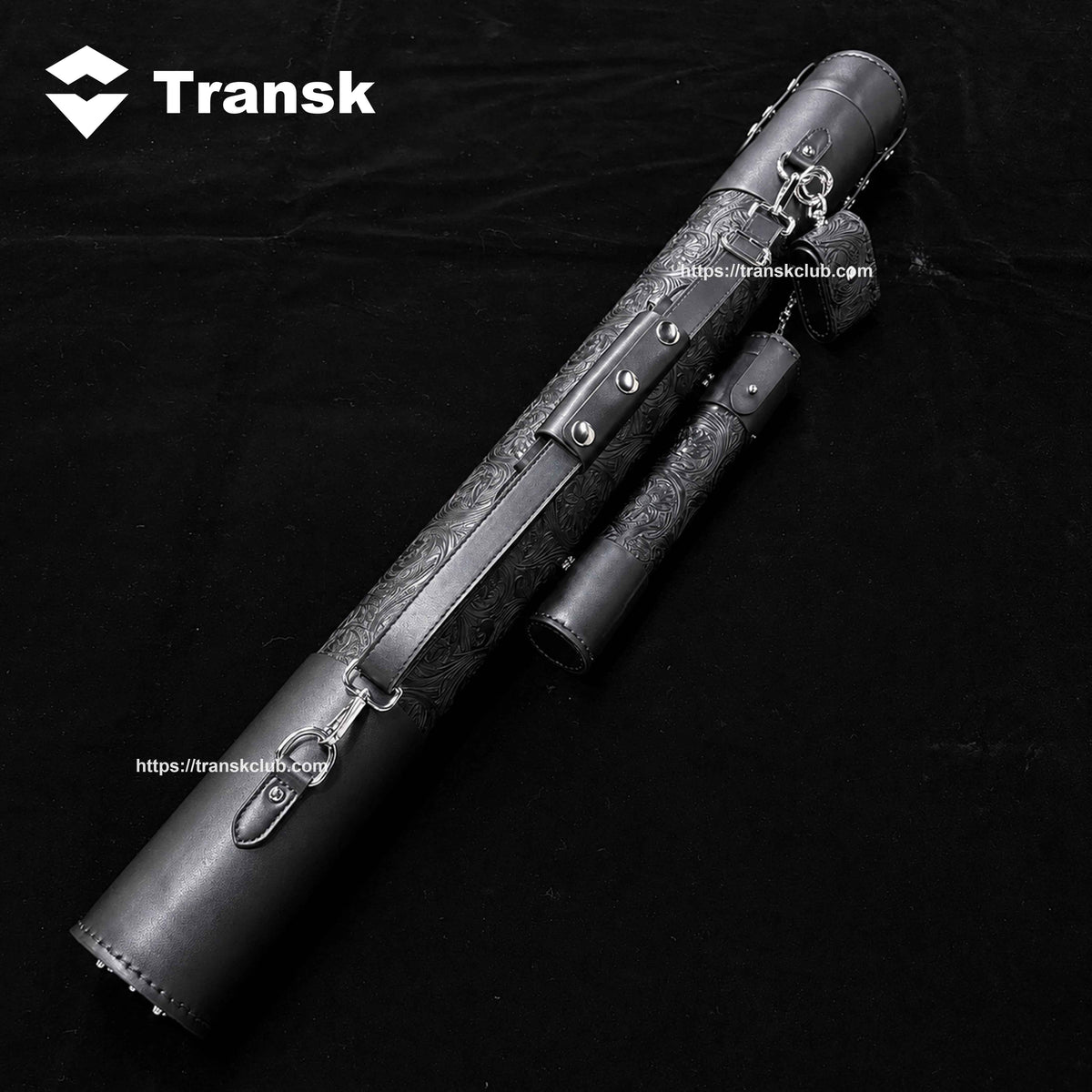 Transk Black Embossed Pool Cue Case with Extension & Chalk Holder