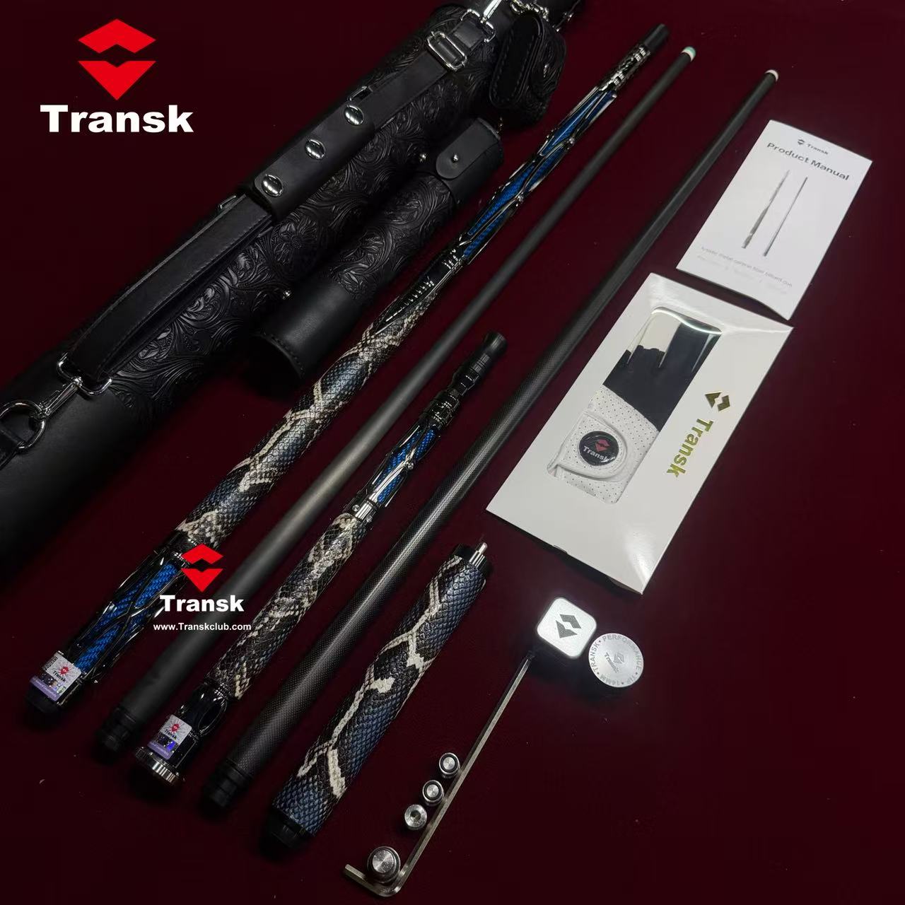 Transk Collector Blue Edition Play Cue + Jump Cue with Cue with case set-10.5/11.8/12.5mm Tip Snake‑Skin Genuine Leather Wrap
