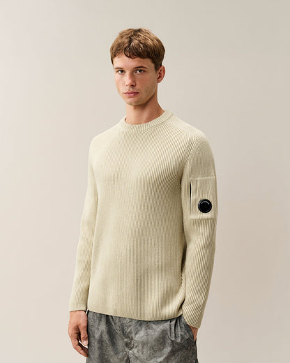 C.P. Company Full Rib Cotton Lens Crewneck Sweater in Silver Birch
