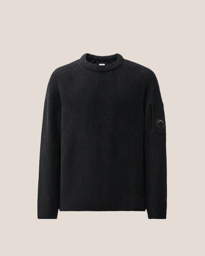 C.P. Company Full Rib Cotton Lens Crewneck Sweater in Black