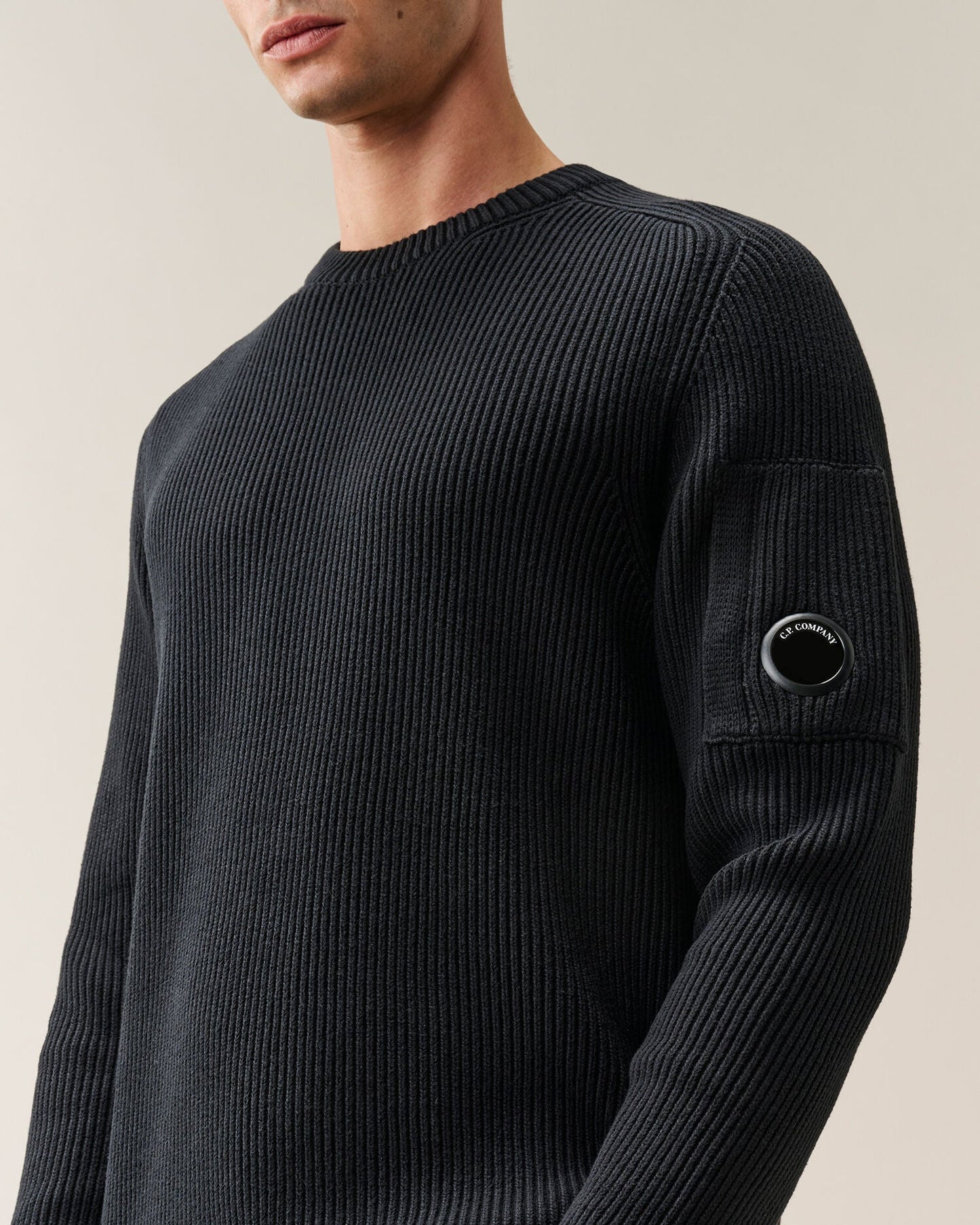 C.P. Company Full Rib Cotton Lens Crewneck Sweater in Black
