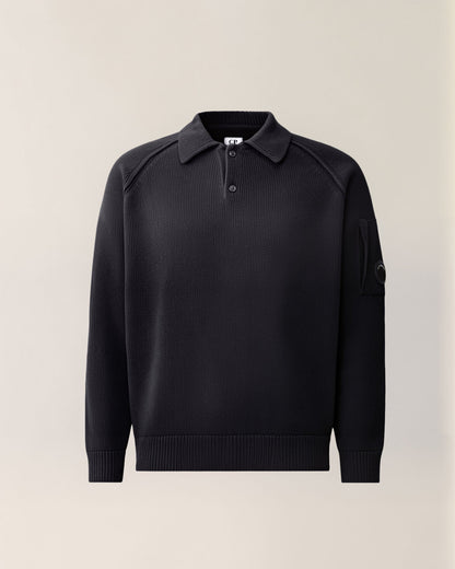 C.P. Company Chenille Cotton Lens Polo Sweater in Navy
