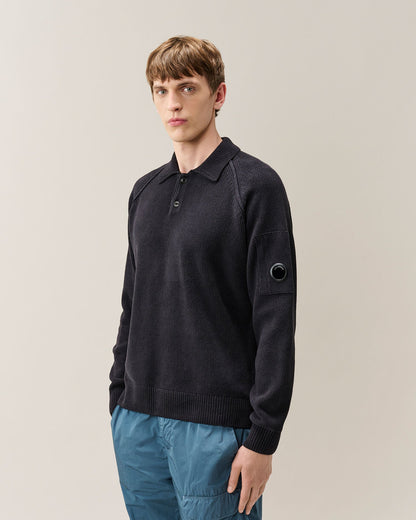 C.P. Company Chenille Cotton Lens Polo Sweater in Navy