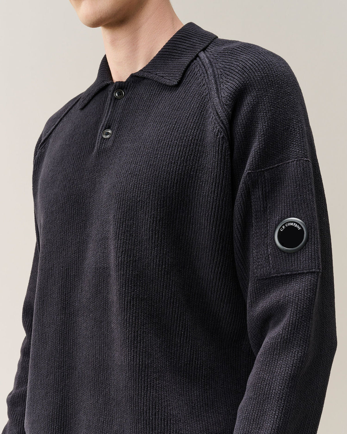 C.P. Company Chenille Cotton Lens Polo Sweater in Navy