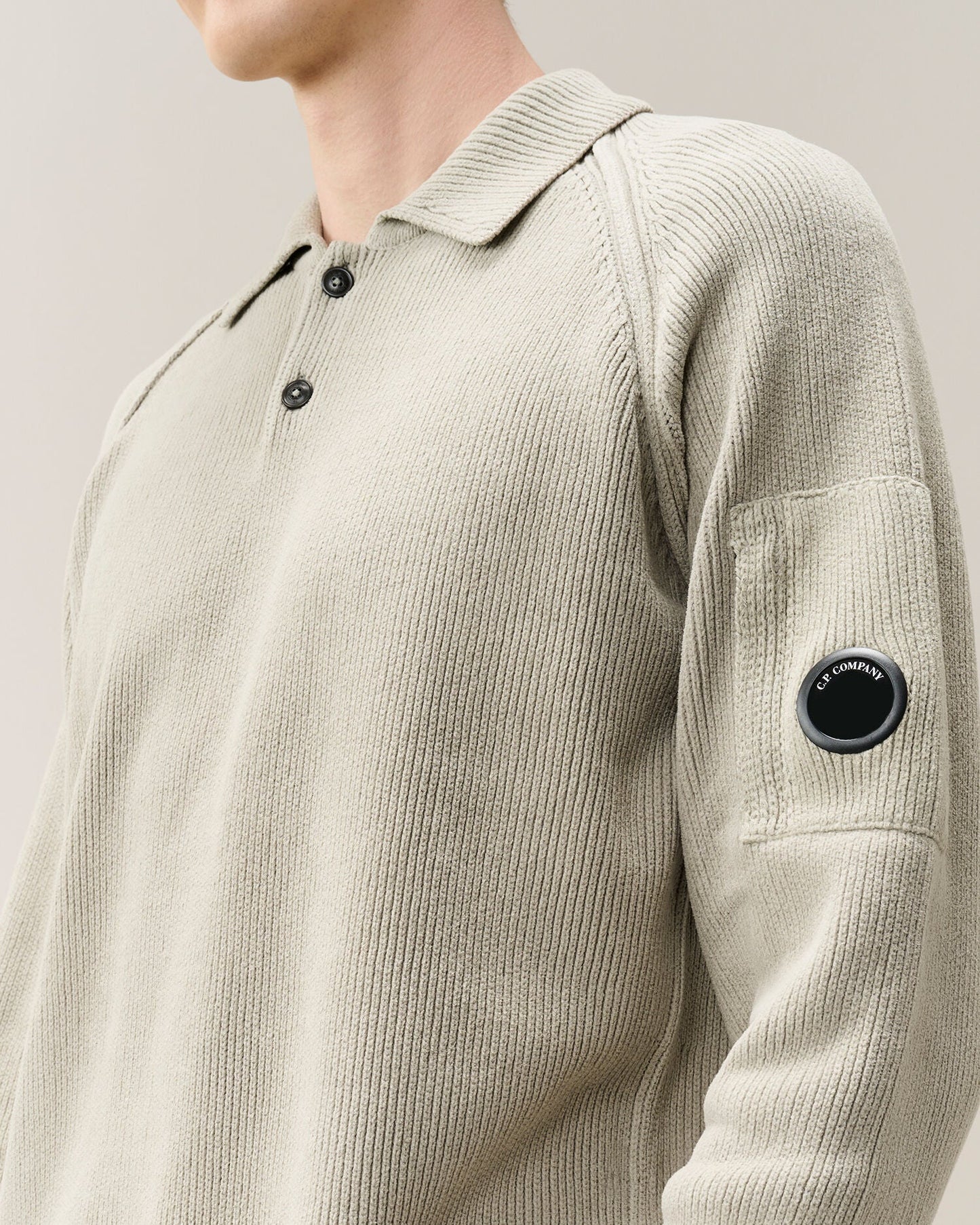 C.P. Company Chenille Cotton Lens Polo Sweater in Flint Grey