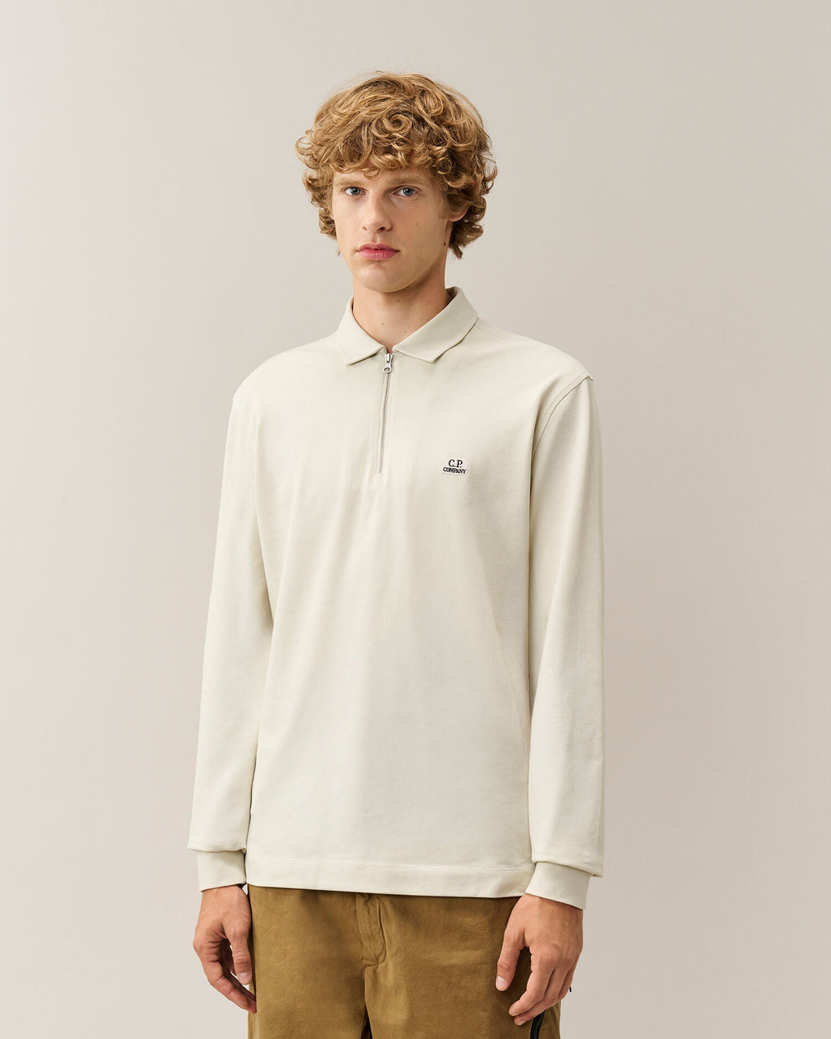C.P. Company Stretch Piquet Long Sleeve Zip Polo in Silver Birch