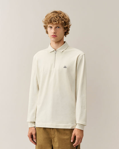 C.P. Company Stretch Piquet Long Sleeve Zip Polo in Silver Birch