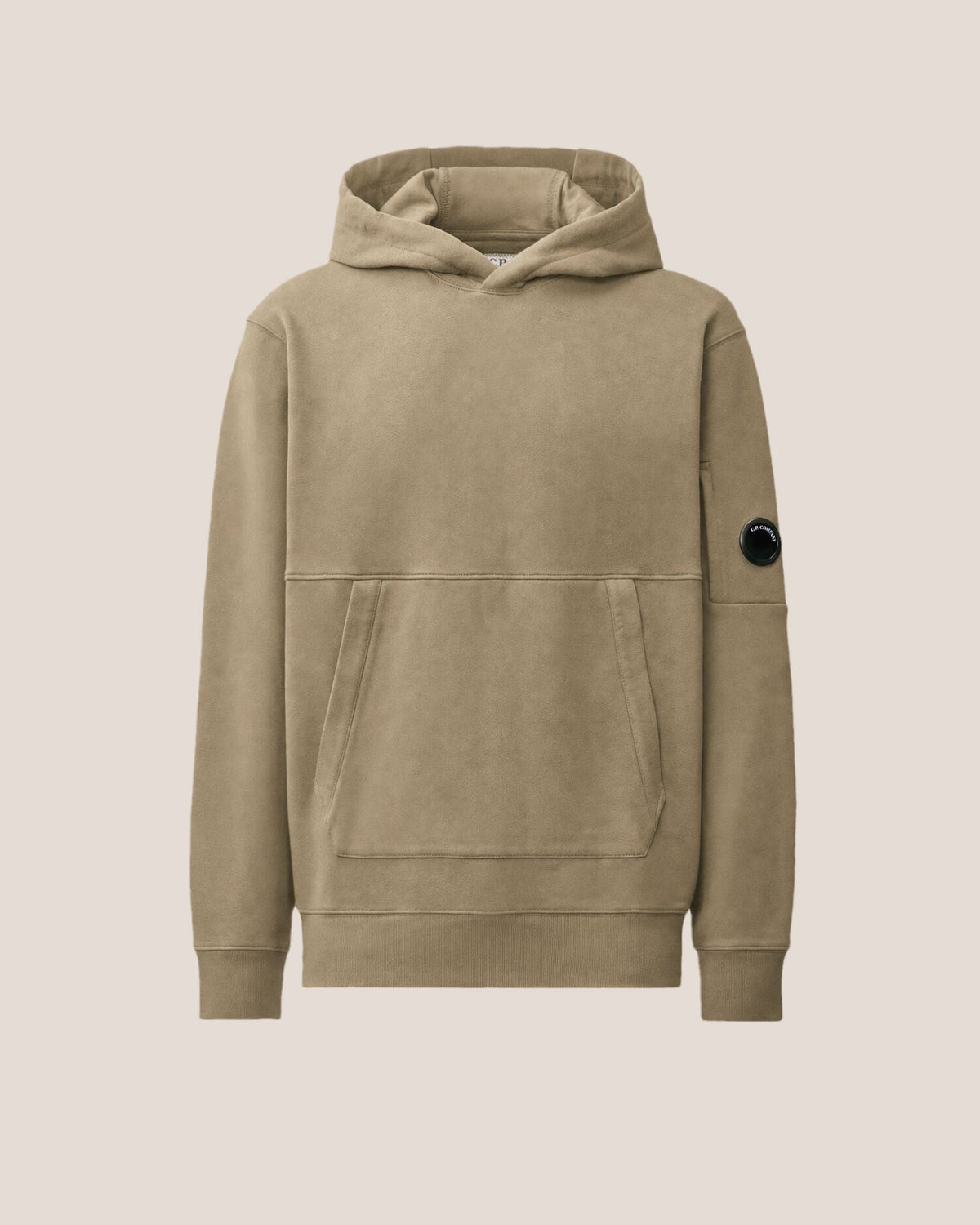 C.P. Company Diagonal Raised Fleece Lens Hoodie in Fallen Rock - Beige