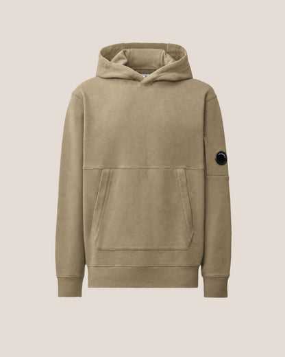 C.P. Company Diagonal Raised Fleece Lens Hoodie in Fallen Rock - Beige