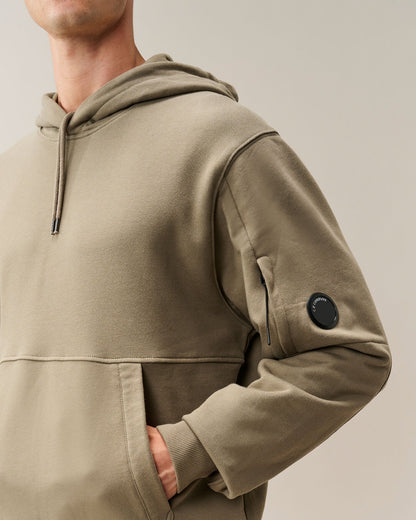 C.P. Company Diagonal Raised Fleece Lens Hoodie in Fallen Rock - Beige