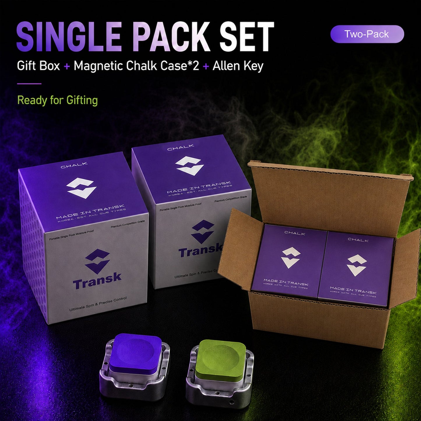 Transk Magnetic Billiard Chalk Two-Pack Gift Set – Purple & Green Chalk with 2 Magnetic Chalk Cases