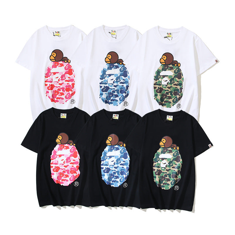 BAPE Short-Sleeved T-shirt Camouflage Monkey Cartoon Printed Cotton