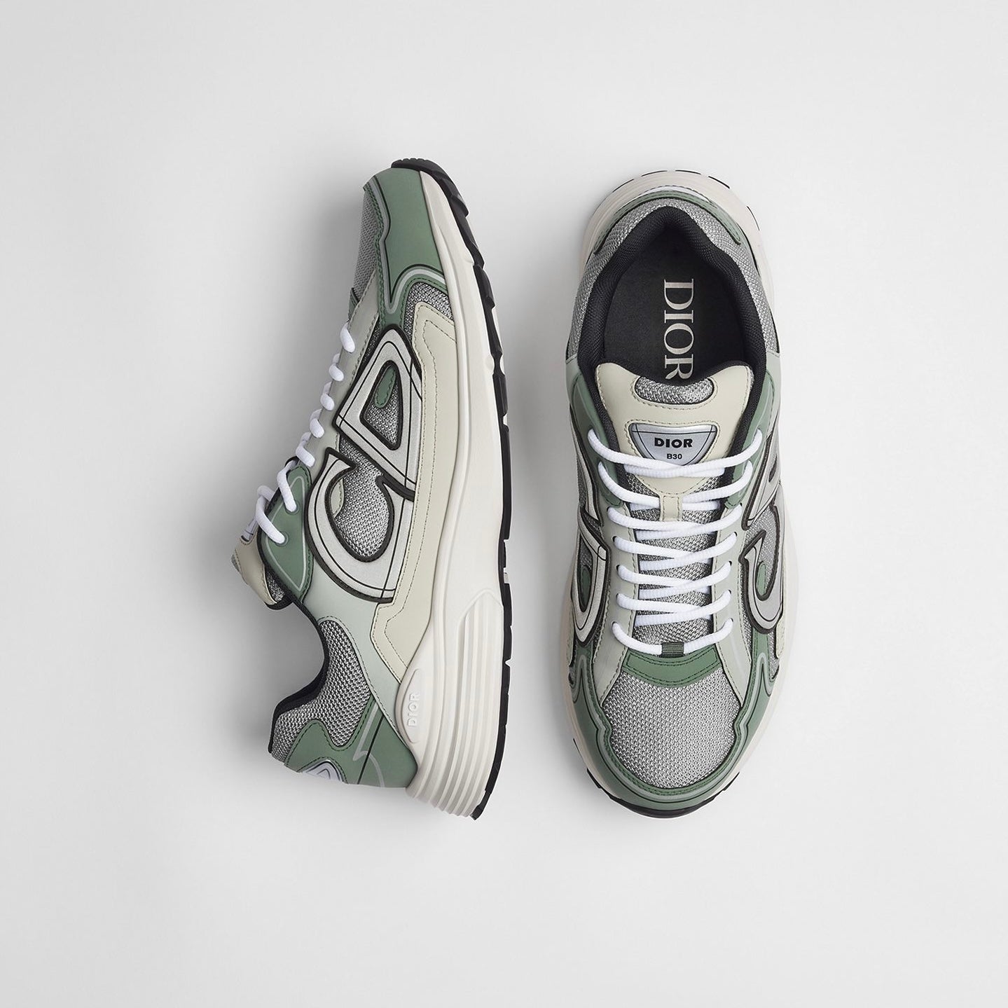 Dior B30 Countdown Sneaker in Gray Technical Mesh with Cedar Green, Gray and Cream Technical Fabric