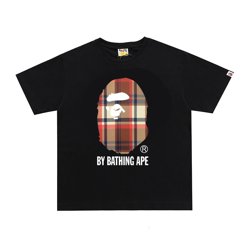 D114 Plaid Ape Head Graphic T-Shirt - Black