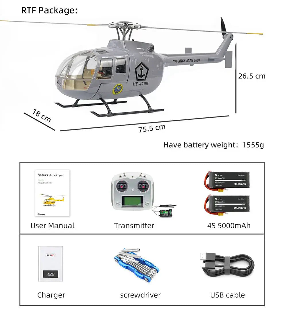FLYWING BO-105 450L Scale 6CH Brushless GPS Altitude Hold H1 Flight Controller RC Helicopter PNP/RTF