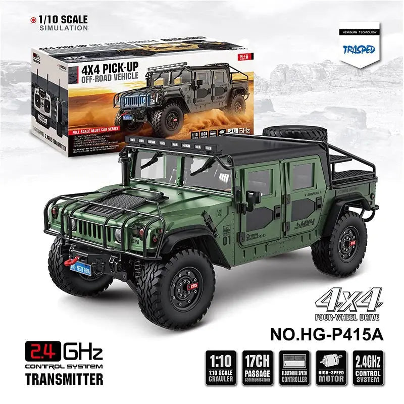 HG P415A 1/10 Scale 4WD US Hummer H1 Military Truck Metal Simulation RC Car Upgraded LED Light Sound RTR