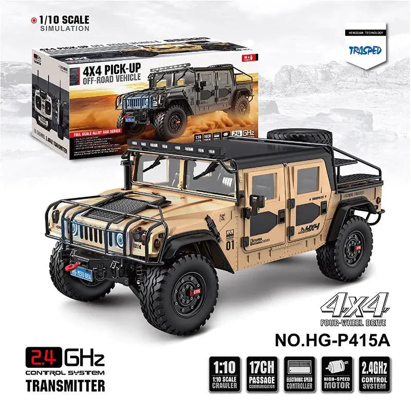 HG P415A 1/10 Scale 4WD US Hummer H1 Military Truck Metal Simulation RC Car Upgraded LED Light Sound RTR