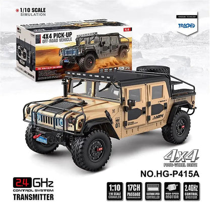 HG P415A 1/10 Scale 4WD US Hummer H1 Military Truck Metal Simulation RC Car Upgraded LED Light Sound RTR