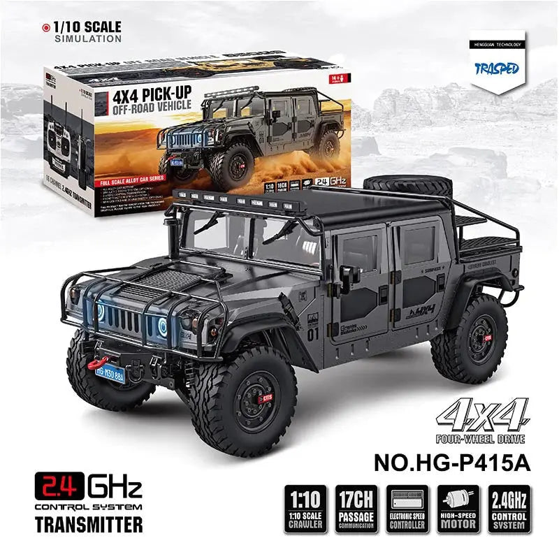 HG P415A 1/10 Scale 4WD US Hummer H1 Military Truck Metal Simulation RC Car Upgraded LED Light Sound RTR