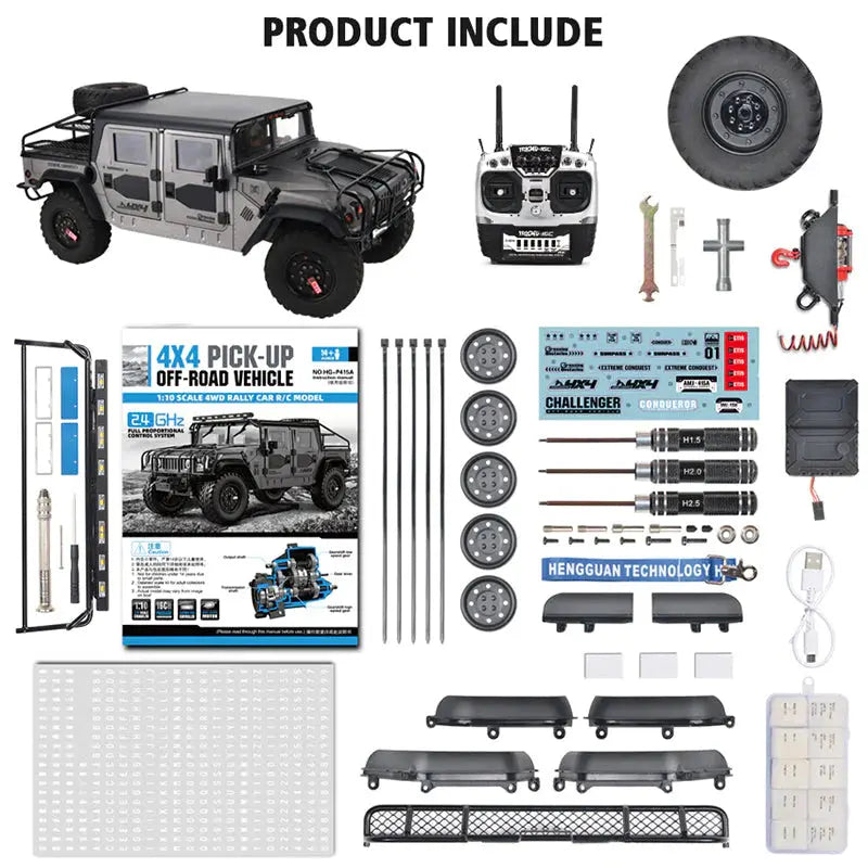 HG P415A 1/10 Scale 4WD US Hummer H1 Military Truck Metal Simulation RC Car Upgraded LED Light Sound RTR