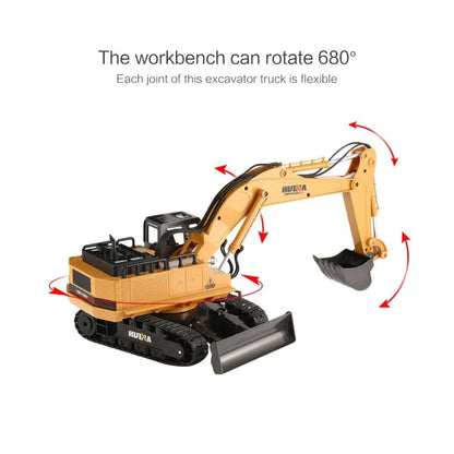 Huina 1510 1/16 Scale 2.4G 11CH Excavator Bulldozer 680° Rotating LED Light Sound RC Construction Car Toy