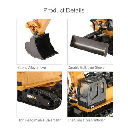 Huina 1510 1/16 Scale 2.4G 11CH Excavator Bulldozer 680° Rotating LED Light Sound RC Construction Car Toy