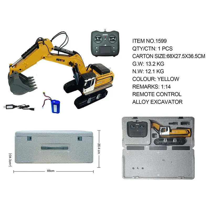 Huina 1599 1/14 Scale 24CH Ultra-Wide Alloy Excavator RC Engineering Vehicle with LED Light Sound Toy