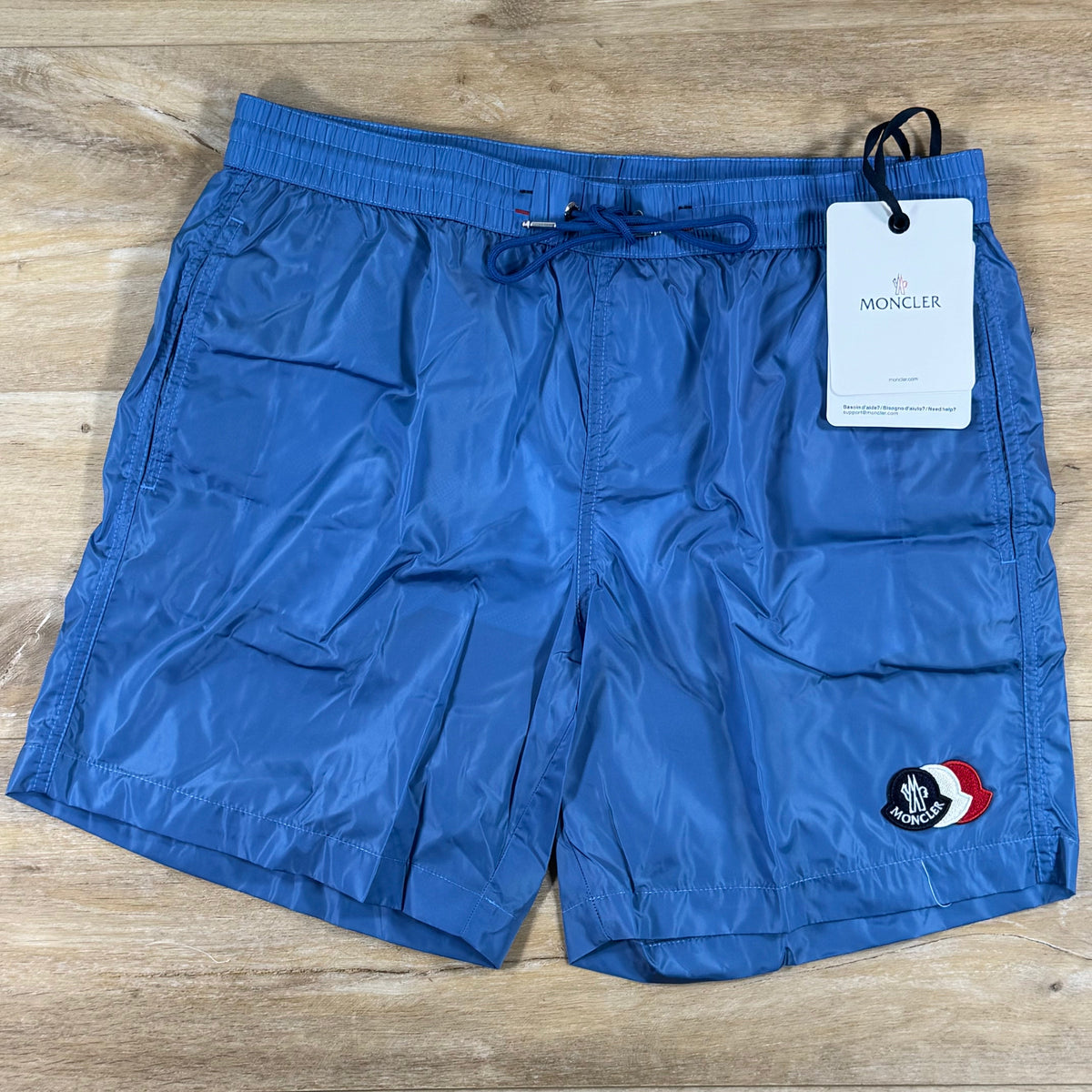 Moncler Tricolor Logo Patch Swim Shorts in Sky Blue