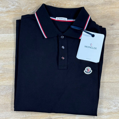 Moncler Tricolour-Trimmed Cotton Piquet Polo Shirt in Black
