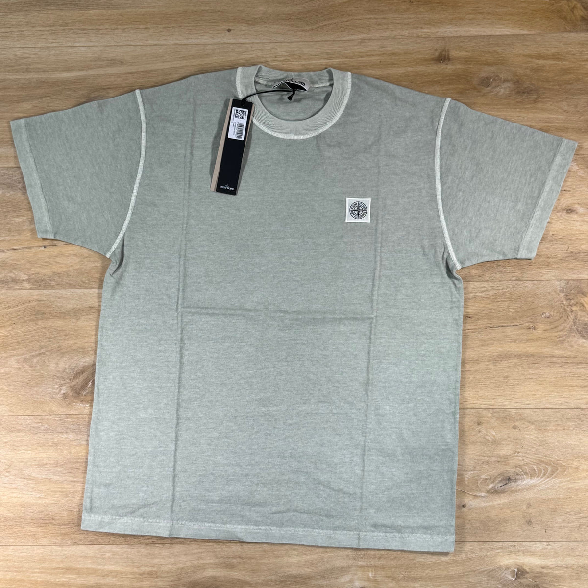 Stone Island Fissato Effect Patch Logo T-Shirt in Sage Green