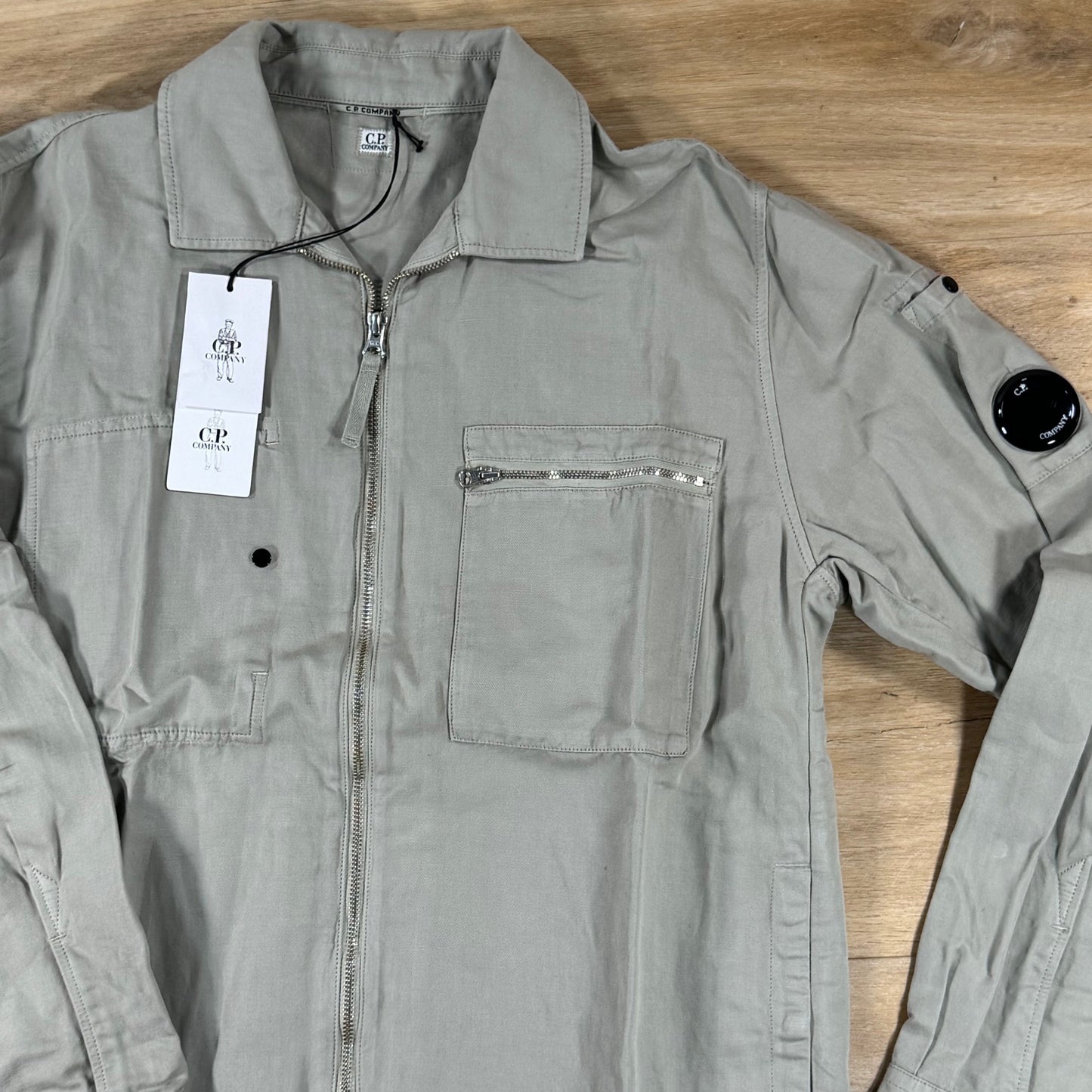 C.P. Company Cotton Linen Lens Zip Overshirt in Dove