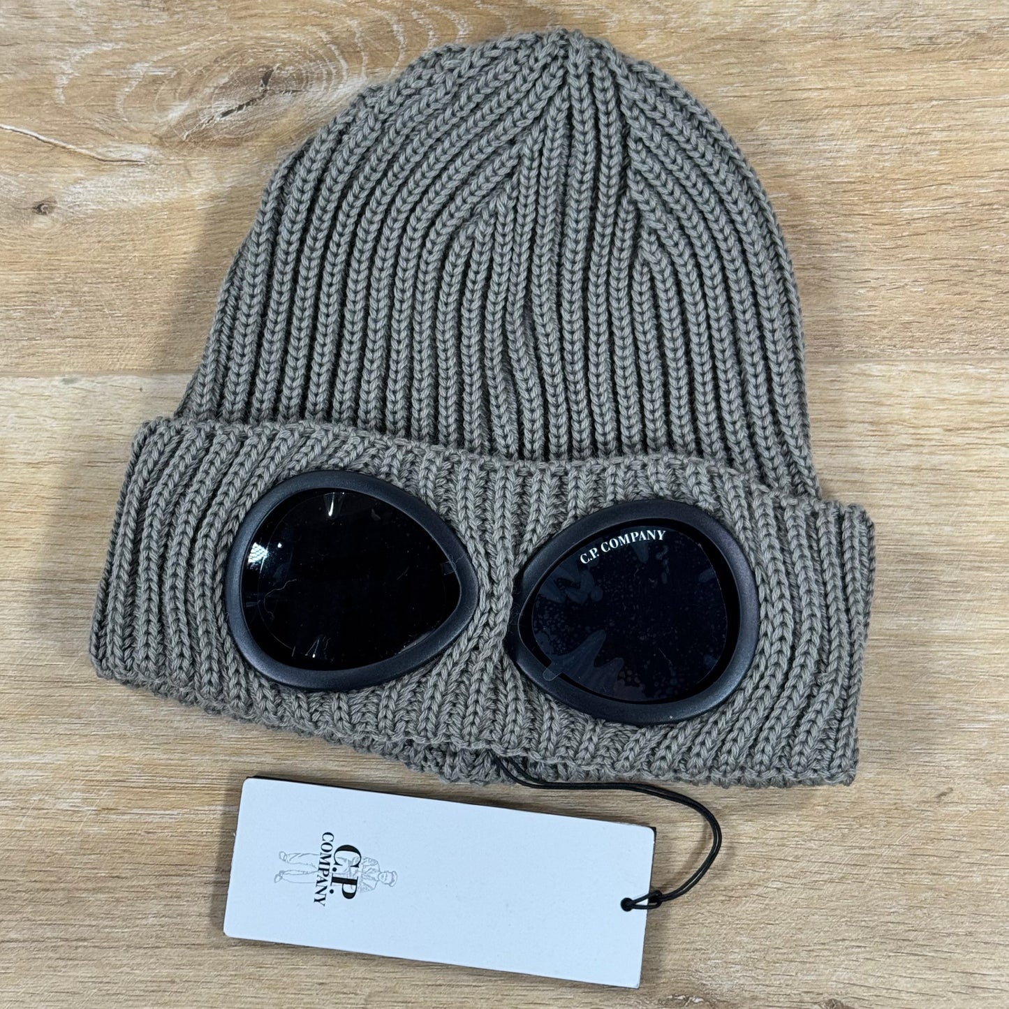 C.P. Company Extra Fine Merino Wool Goggle Beanie in Fallen Rock - Beige